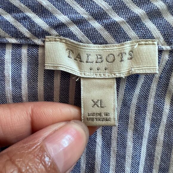 Talbots Linen Band Collar Popover Top Size XL Blue Sweet Stripe Coastal Preppy - Picture 5 of 7